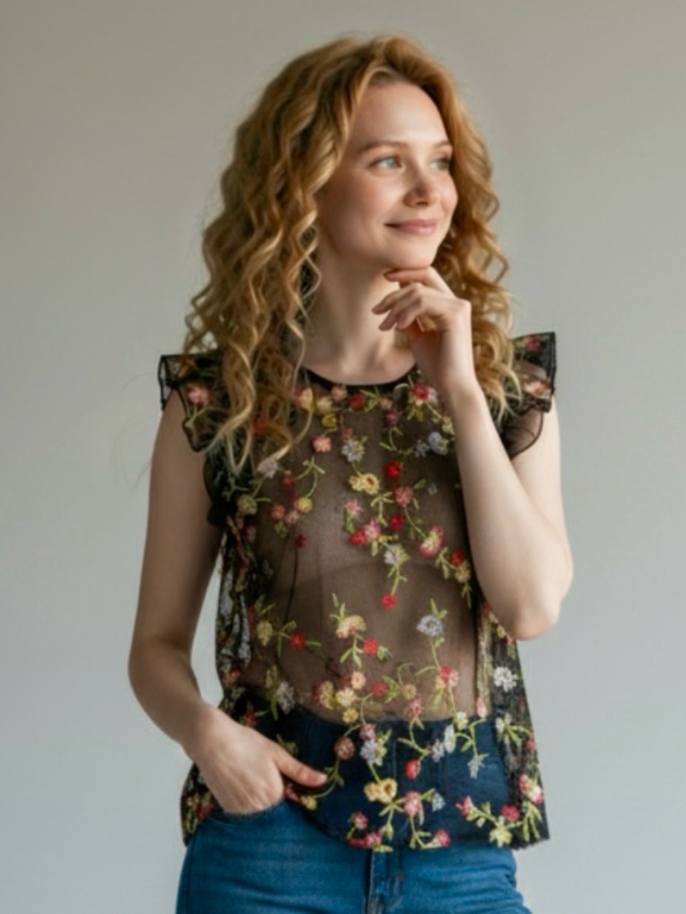 Black Floral Embroidered - Ruffle Sleeve Top